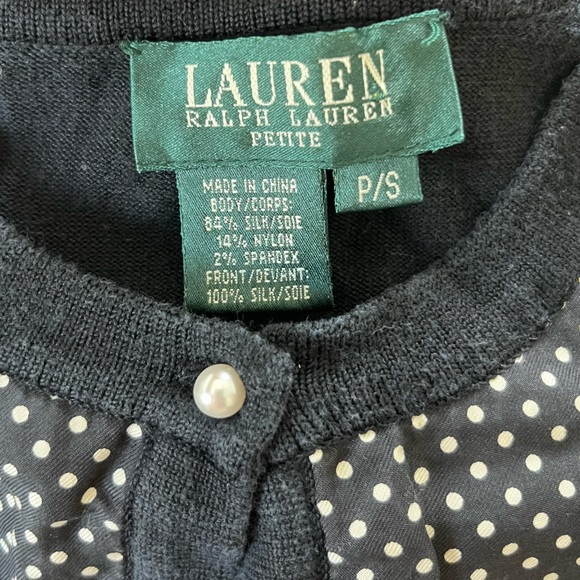 Lauren Ralph Lauren Silk Black & White Polka Dot Cardigan Sweater Petite Small - Picture 3 of 8